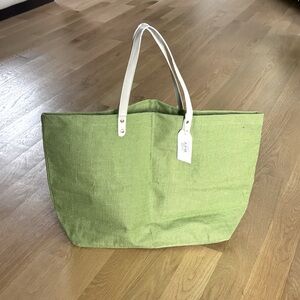 Solid Green Jute Tote Bag with Bone Handles